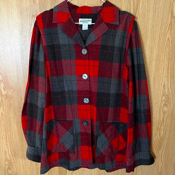Pendleton Wool Red/ Black Plaid Heavy Button Down Over Shirt Jacket Oversized - Picture 1 of 3